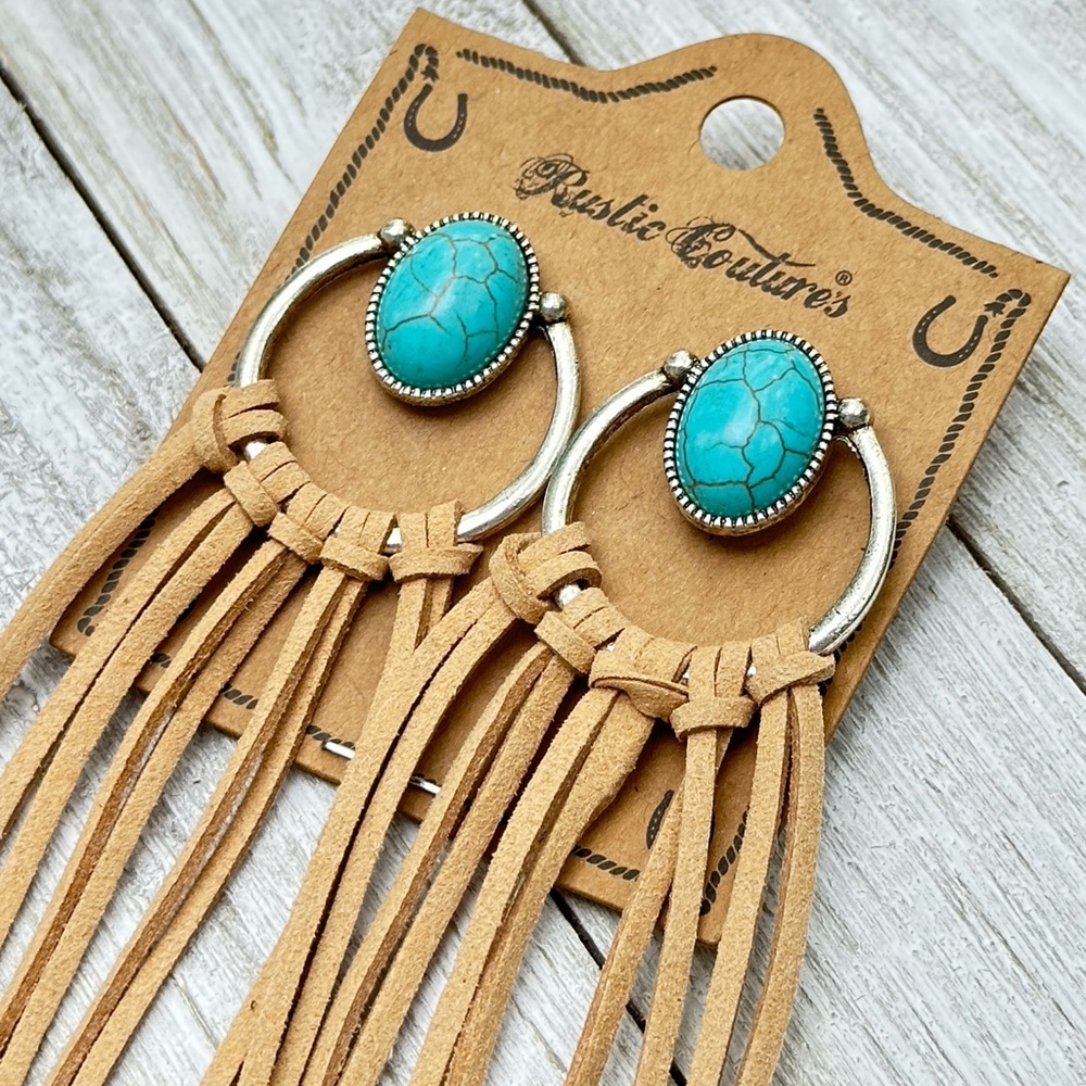 Turquoise Earings Rustic Couture's Bohemian Suede Tassel Hoop Fringe